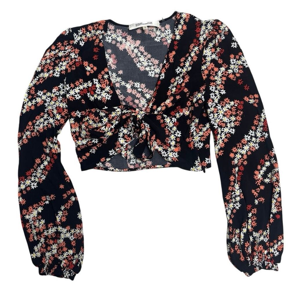 Diane von Furstenberg Floral Crop Tie-Blouse🌺 Black Multi Ruched Front • Size 2